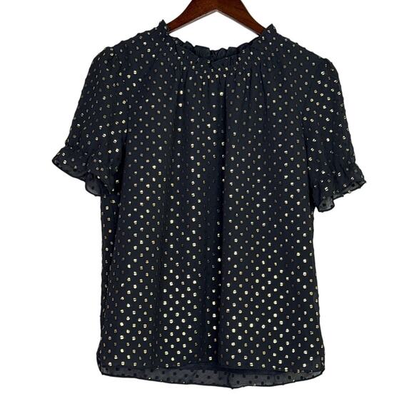 J. Crew Metallic Polka Dot Flowy Short Sleeve Baby Doll Blouse XS Black Gold - Picture 15 of 16